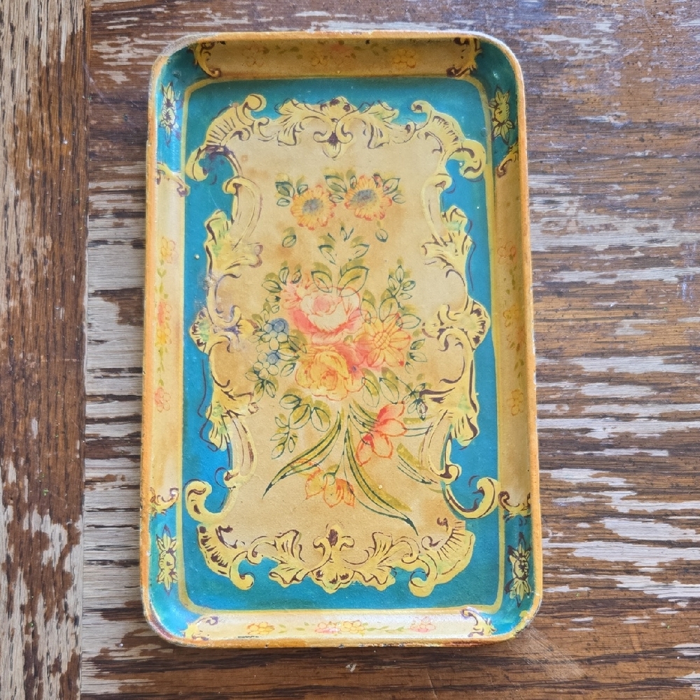 Vintage Decorative Floral Tray in Teal and Gold